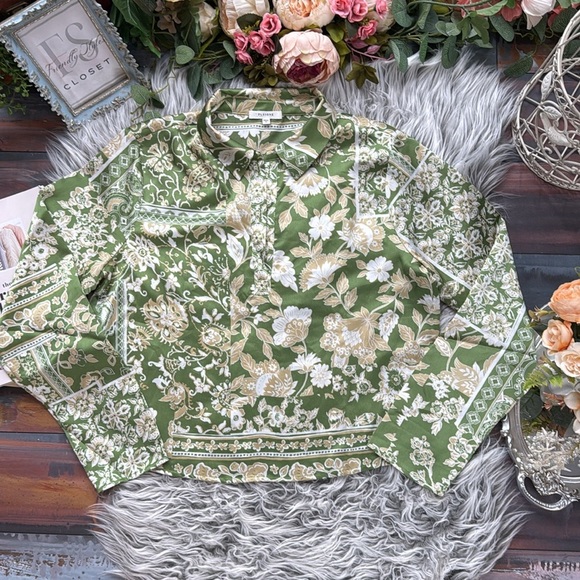 Nordstrom Deep Lime Silk-like Long Sleeve Patch Green Floral Blouse - Picture 5 of 13